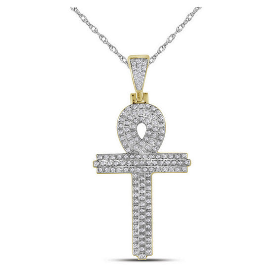 10k Yellow Gold Mens Round Diamond Ankh Cross Religious Charm Pendant 3/8 Cttw