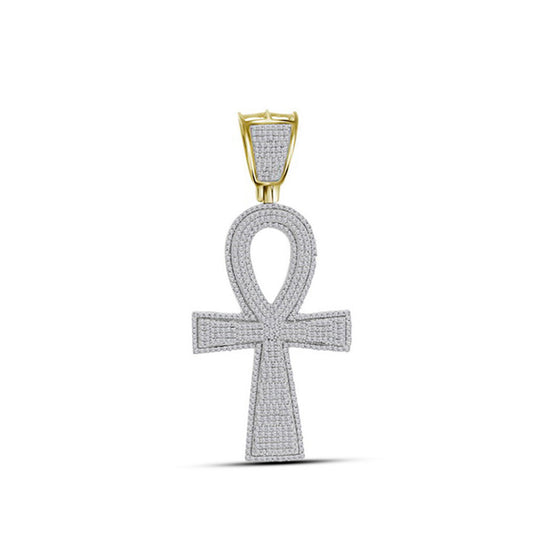 10k Yellow Gold Mens Round Diamond Ankh Cross Charm Pendant 1-1/2 Cttw