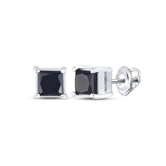 10k White Gold Womens Princess Black Color Enhanced Diamond Solitaire Earrings 2 Cttw