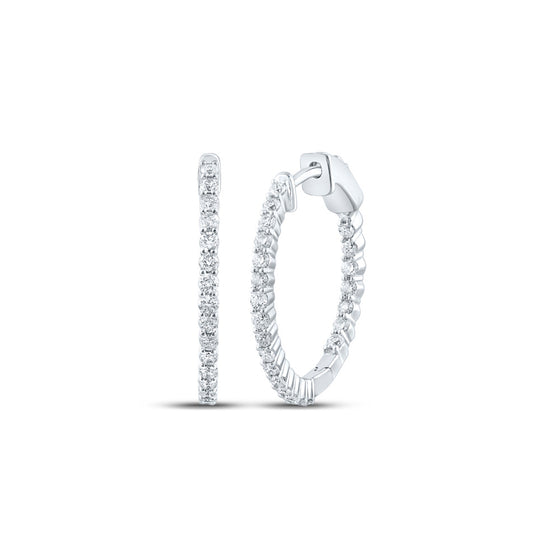 10k White Gold Womens Round Inside Outside Diamond Hoop Earrings 1 Cttw