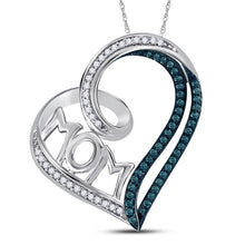  Sterling Silver Womens Round Color Enhanced Blue Diamond Mom Heart Pendant 1/5 Cttw