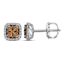  14k White Gold Womens Round Brown Diamond Square Cluster Earrings 1/2 Cttw