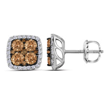  14k White Gold Womens Round Brown Diamond Square Cluster Earrings 1 Cttw