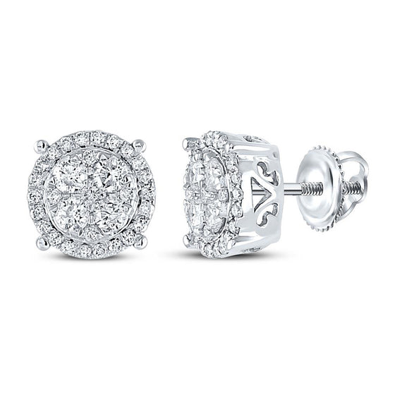 10k White Gold Womens Round Diamond Circle Cluster Earrings 3/4 Cttw
