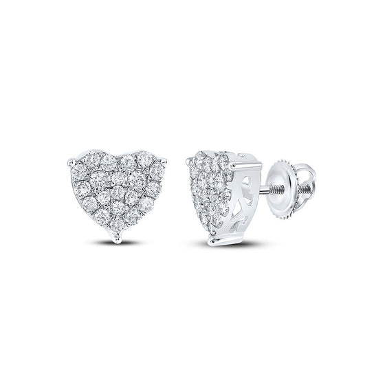 10k White Gold Womens Round Diamond Heart Earrings 1 Cttw