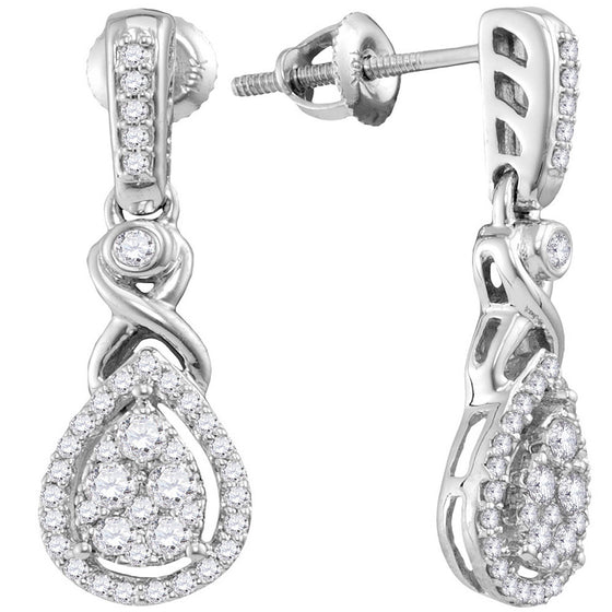 10k White Gold Womens Round Diamond Teardrop Cluster Dangle Earrings 1/2 Cttw
