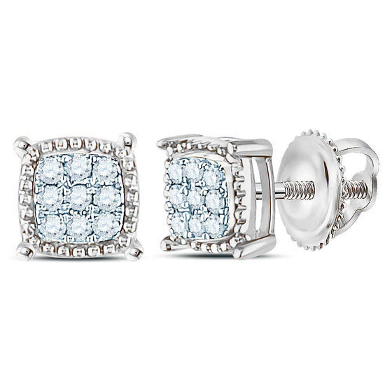 10k White Gold Round Diamond Square Milgrain Cluster Earrings 1/10 Cttw