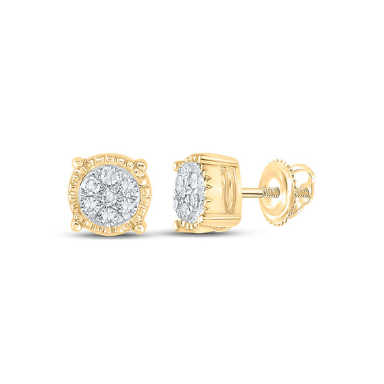 10k Yellow Gold Womens Round Diamond Flower Cluster Earrings 1/10 Cttw