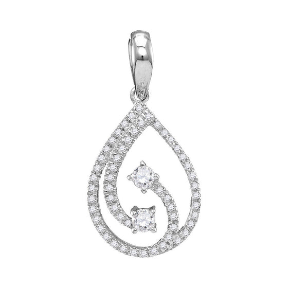10k White Gold Womens Round Diamond 2-stone Hearts Together Teardrop Pendant 1/5 Cttw