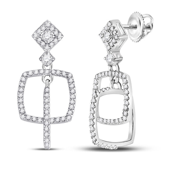 10k White Gold Womens Round Diamond Dangle Square Earrings 3/8 Cttw