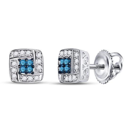 10k White Gold Womens Princess Blue Color Enhanced Diamond Square Earrings 1/6 Cttw