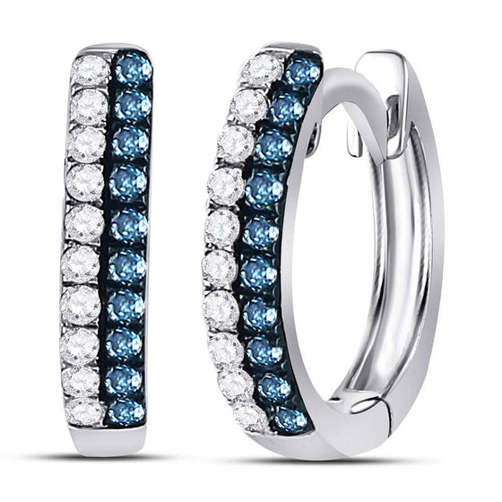 10k White Gold Womens Round Blue Color Enhanced Diamond Huggie Earrings 1/5 Cttw