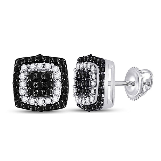 10k White Gold Womens Round Black Color Enhanced Diamond Square Cluster Earrings 1/5 Cttw
