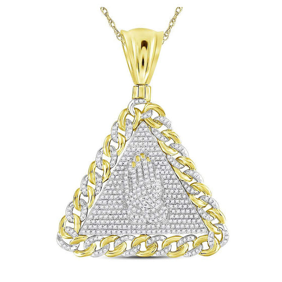 10k Yellow Gold Mens Round Diamond Praying Hands Triangle Charm Pendant 1 Cttw