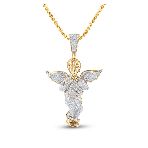 10k Yellow Gold Mens Round Diamond Praying Angel Wings Charm Pendant 7/8 Cttw