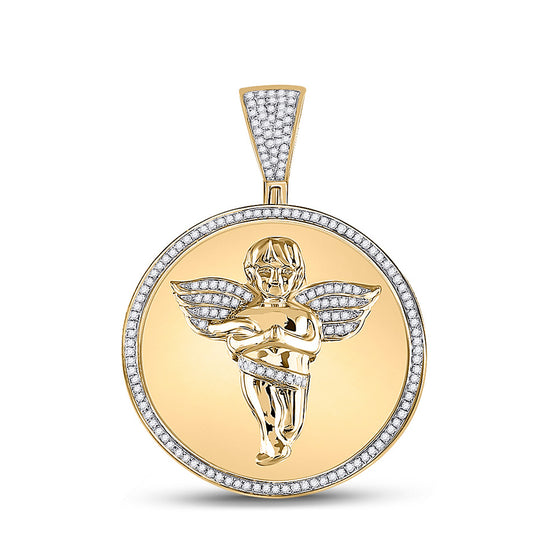10k Yellow Gold Mens Round Diamond Circle Angel Cherub Medallion Charm Pendant 1/2 Cttw