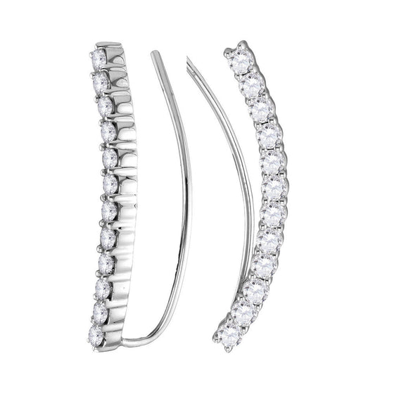 14k White Gold Womens Round Diamond Curved Bowed Climber Earrings 1 Cttw