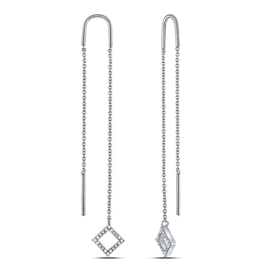 10k White Gold Womens Round Diamond Threader Square Dangle Earrings 1/10 Cttw