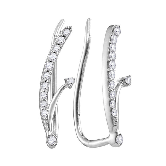 10k White Gold Womens Round Diamond Curved Climber Earrings 1/10 Cttw