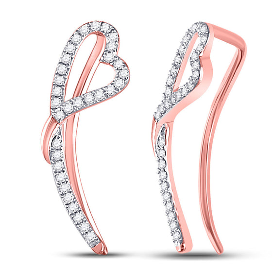 10k Rose Gold Womens Round Diamond Heart Climber Earrings 1/5 Cttw