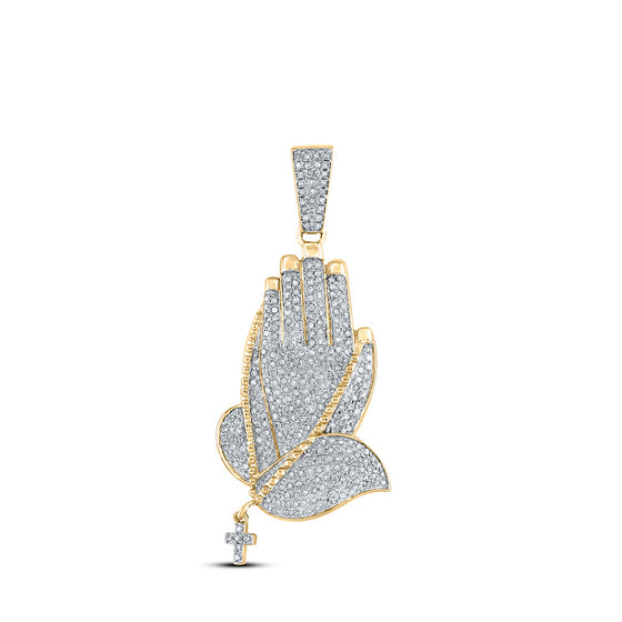 10k Yellow Gold Mens Round Diamond Prayer Hands Charm Pendant 7/8 Cttw