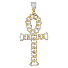  10k Yellow Gold Mens Round Diamond Ankh Cross Cuban Link Charm Pendant 7/8 Cttw
