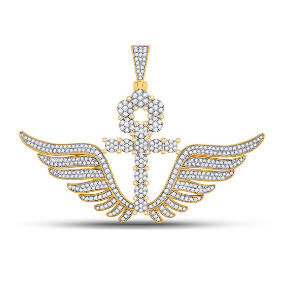 10k Yellow Gold Mens Round Diamond Ankh Wings Charm Pendant 3-1/4 Cttw