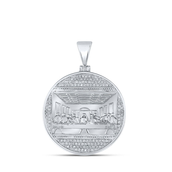 10k White Gold Mens Round Diamond Last Supper Circle Charm Pendant 1/2 Cttw