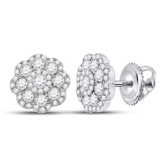 14k White Gold Womens Round Diamond Flower Cluster Earrings 1 Cttw