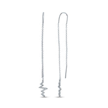  14k White Gold Womens Round Diamond Heartbeat Threader Dangle Earrings 1/6 Cttw