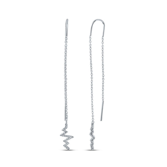 14k White Gold Womens Round Diamond Heartbeat Threader Dangle Earrings 1/6 Cttw