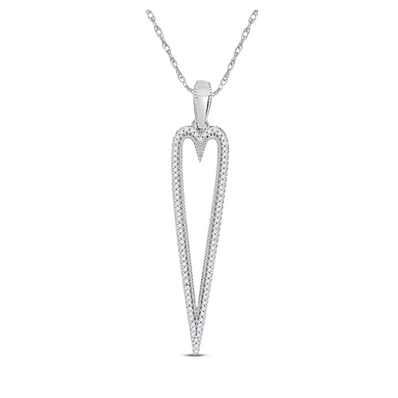 10k White Gold Womens Round Diamond Narrow Heart Outline Pendant 1/5 Cttw