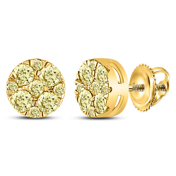 14k Yellow Gold Womens Round Yellow Diamond Cluster Earrings 1/2 Cttw