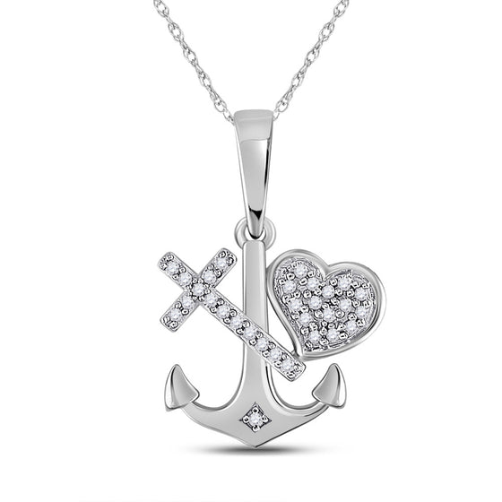 10k White Gold Womens Round Diamond Anchor Cross Heart Pendant 1/12 Cttw