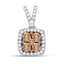  14k White Gold Womens Round Brown Diamond Square Cluster Pendant 1/2 Cttw