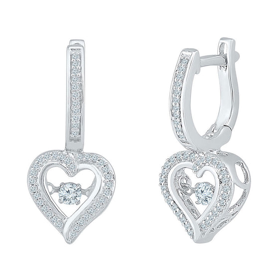 10k White Gold Womens Round Diamond Heart Dangle Hoop Earrings 1/4 Cttw