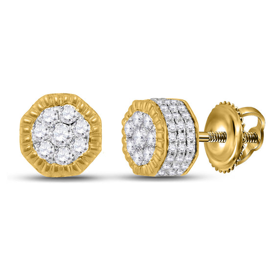 10k Yellow Gold Round Diamond Fluted Hexagon Cluster Stud Earrings 3/4 Cttw
