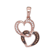  10k Rose Gold Womens Round Brown Diamond Double Heart Pendant 1/10 Cttw