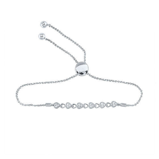 Sterling Silver Womens Round Diamond Heart Bolo Bracelet 1/10 Cttw