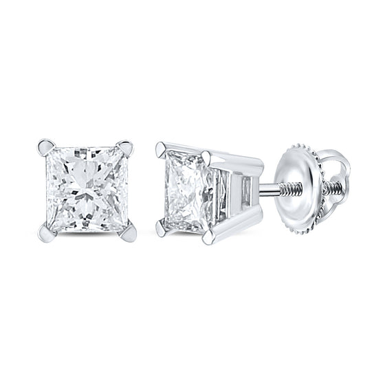 14k White Gold Unisex Princess Diamond Solitaire Stud Earrings 1 Cttw