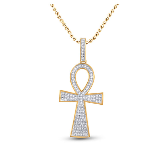 10k Yellow Gold Mens Round Diamond Ankh Cross Charm Pendant 1/3 Cttw