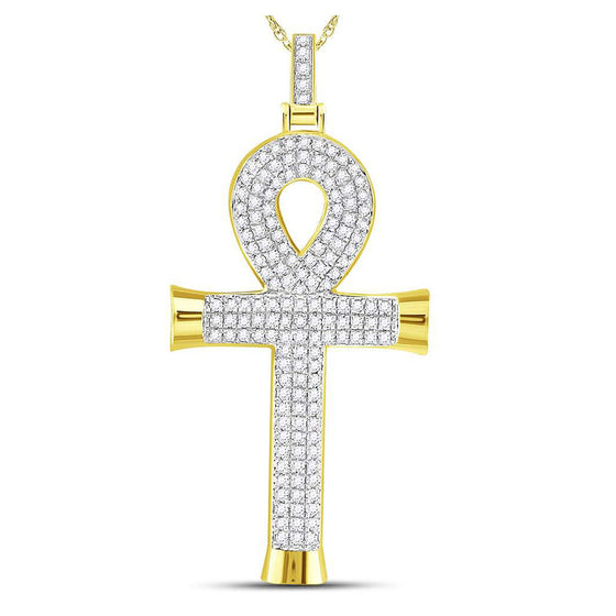 10k Yellow Gold Mens Round Diamond Ankh Cross Charm Pendant 7/8 Cttw
