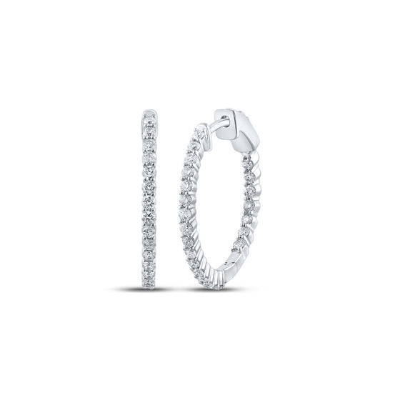 14k White Gold Womens Round Diamond Inside Outside Hoop Earrings 1 Cttw
