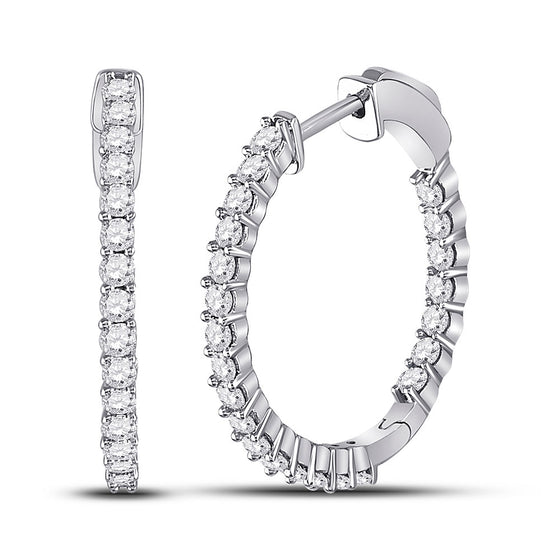 14k White Gold Womens Round Diamond Single Row Hoop Earrings 1-1/2 Cttw
