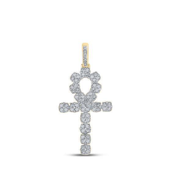 10k Yellow Gold Mens Round Diamond Ankh Cross Charm Pendant 1-1/4 Cttw