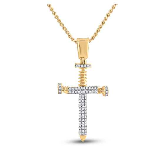 10k Yellow Gold Mens Round Diamond Nail Cross Charm Pendant 3/8 Cttw