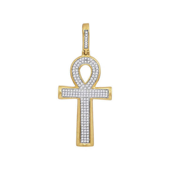 10k Yellow Gold Mens Round Diamond Ankh Cross Charm Pendant 1/3 Cttw