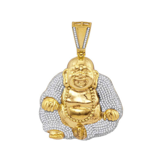 10k Yellow Gold Mens Round Diamond Laughing Buddha Hotei Charm Pendant 1-3/4 Cttw