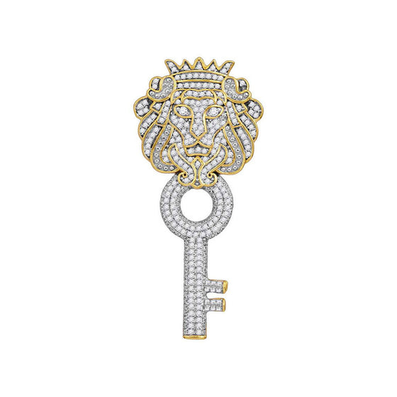 10k Yellow Gold Mens Round Diamond King Lion Key Charm Pendant 7/8 Cttw