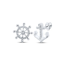  10k White Gold Womens Round Diamond Anchor Wheel Stud Earrings 1/10 Cttw